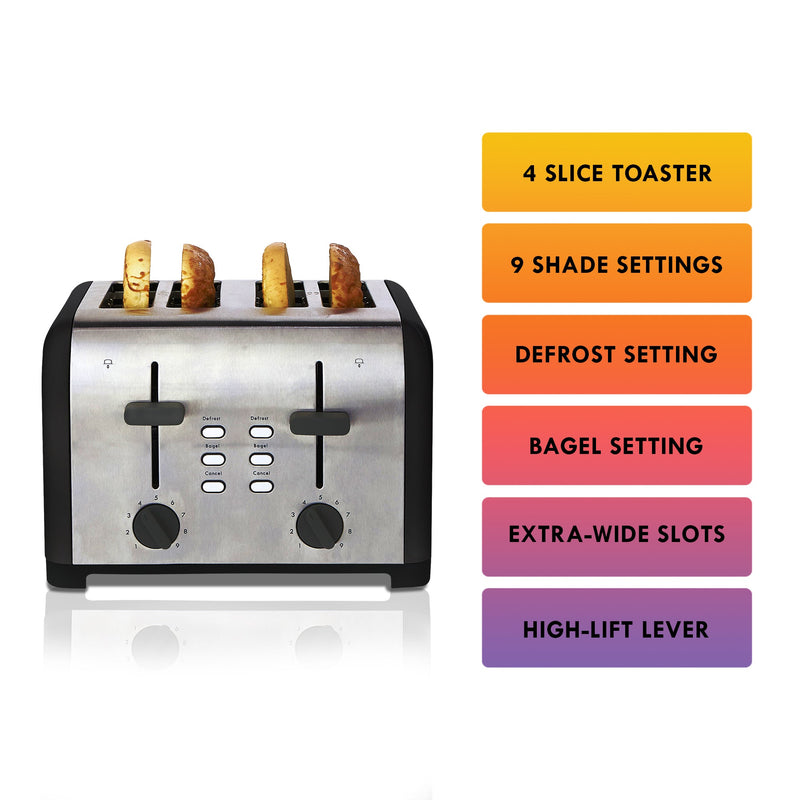 Product shot of Kenmore 4-slice black stainless steel toaster with four bagel halves inside on a white background on the left with a list of features on the right: 4 slice toaster; 9 shade settings; defrost setting; bagel setting; extra-wide slots; high-lift lever
