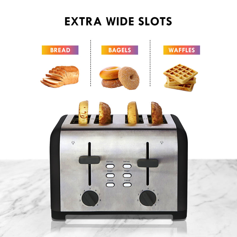Product shot of Kenmore 4-slice black stainless steel toaster with four bagel halves inside on a white marbled countertop with a white background. Above are small pictures of a loaf of bread, a stack of bagels, and a stack of waffles, labeled. Text at the top reads, "Extra wide slots"