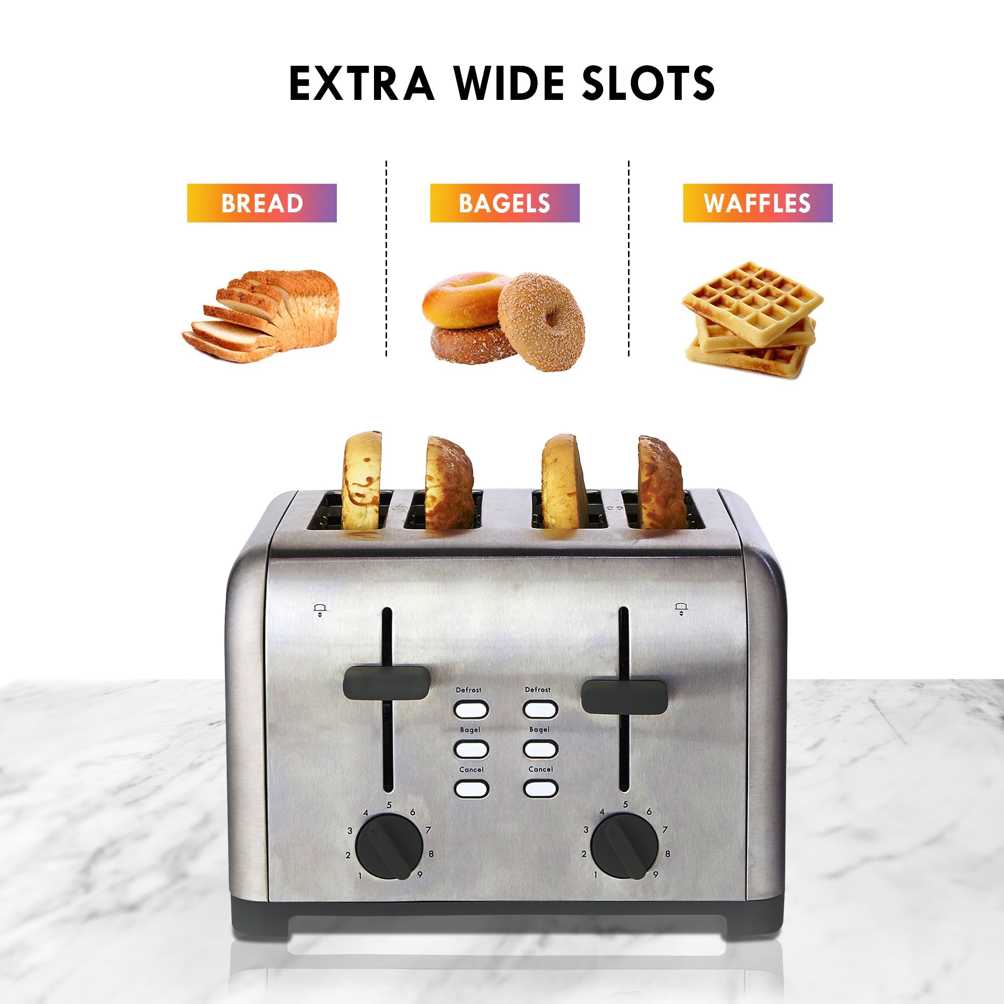 Product shot of Kenmore 4-slice stainless steel toaster with four bagel halves inside on a white marbled countertop with a white background. Above are small pictures of a loaf of bread, a stack of bagels, and a stack of waffles, labeled. Text at the top reads, "Extra wide slots"