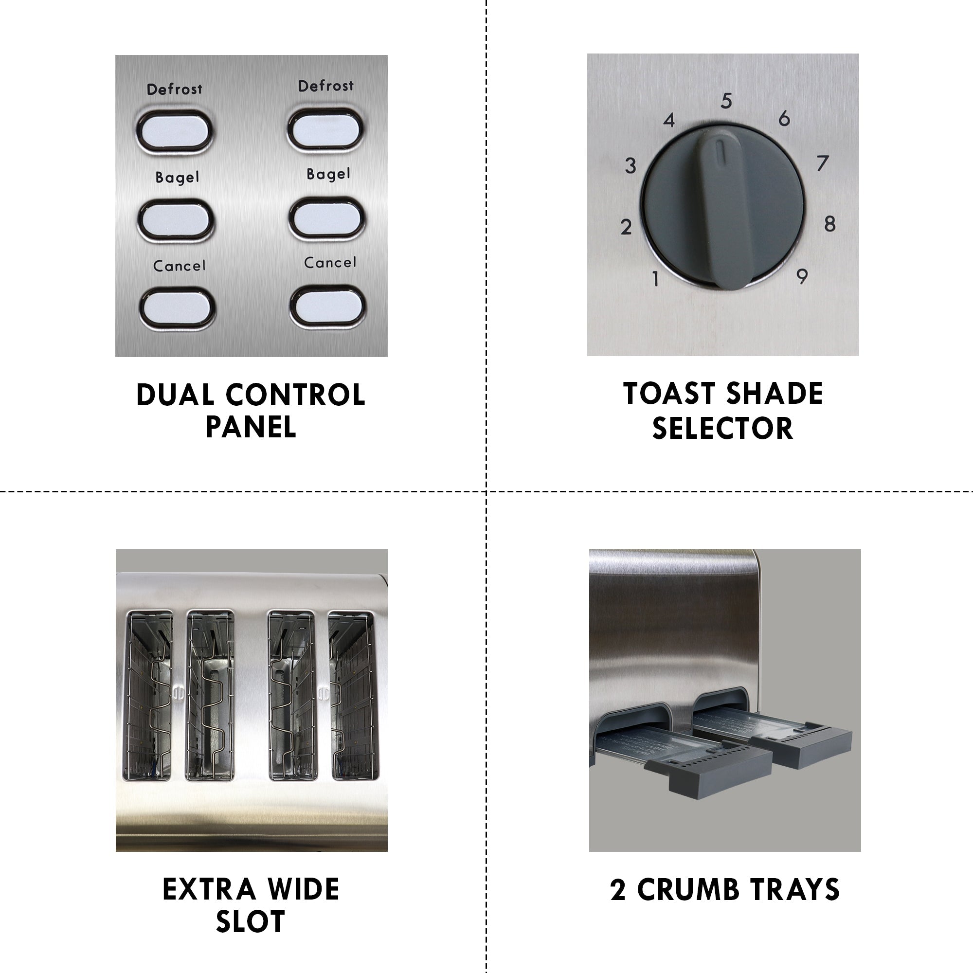 Four closeup images of parts and features, labeled: Dual control panel; toast shade selector; extra wide slots; 2 crumb trays