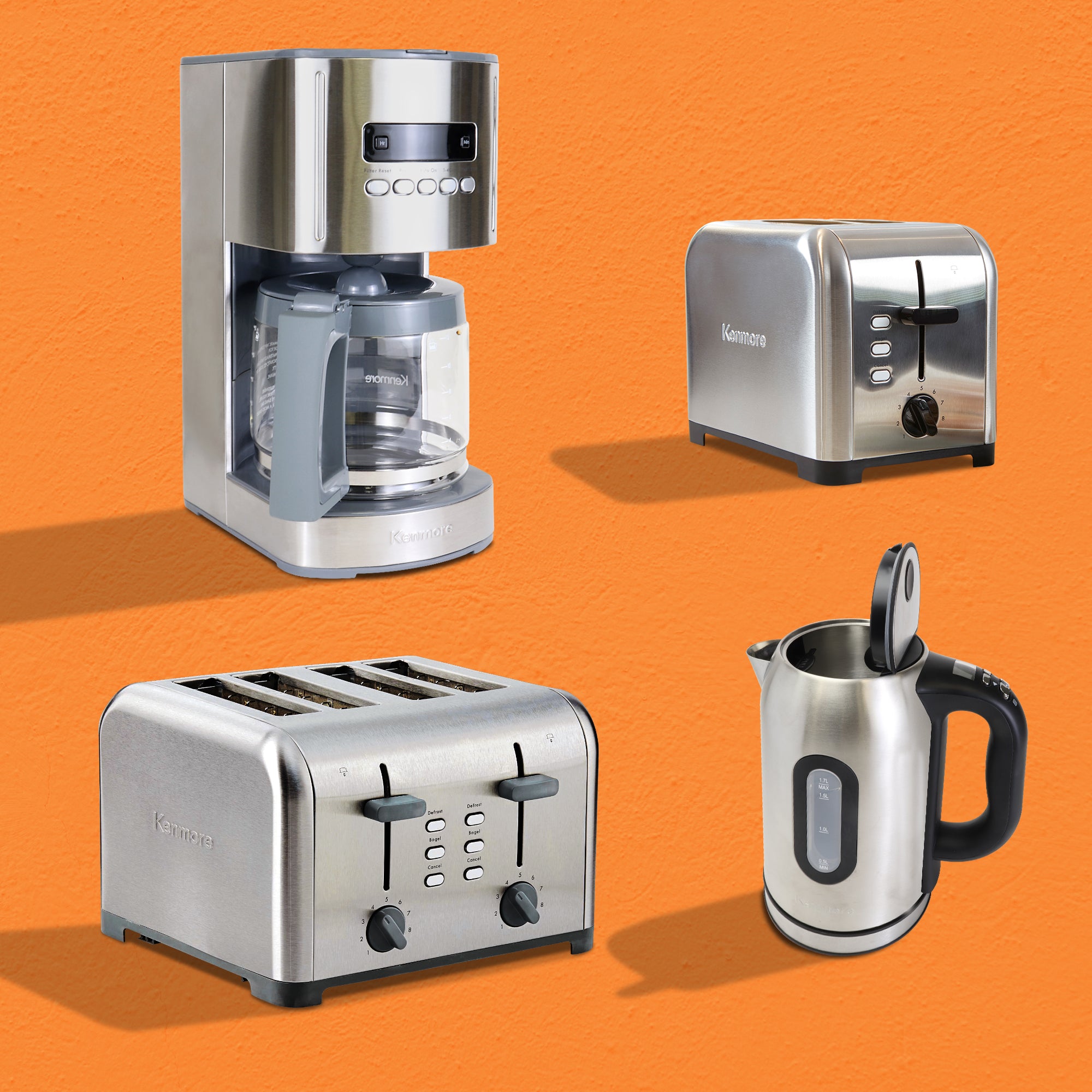 Four product shots on a vibrant orange background show matching Kenmore small appliances: 12-Cup Programmable Coffee Maker; 2-Slice Toaster; 4-Slice Toaster with Dual Controls; Programmable tea kettle