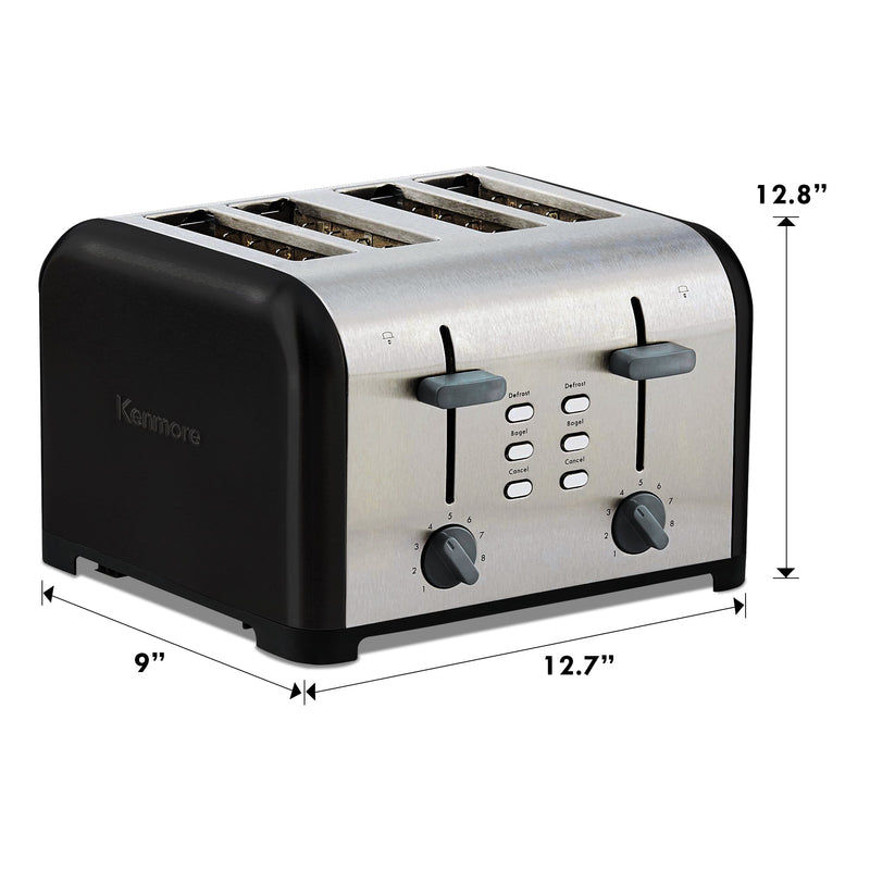 Product shot of Kenmore 4-slice black stainless steel toaster on a white background with dimensions labeled