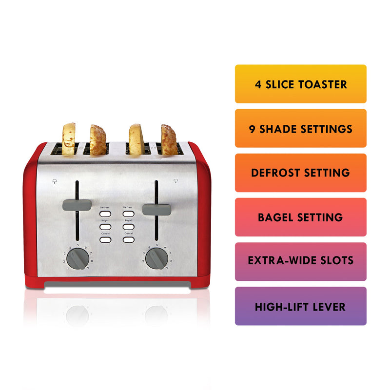 Product shot of Kenmore 4-slice red stainless steel toaster with four bagel halves inside on a white background on the left with a list of features on the right: 4 slice toaster; 9 shade settings; defrost setting; bagel setting; extra-wide slots; high-lift lever