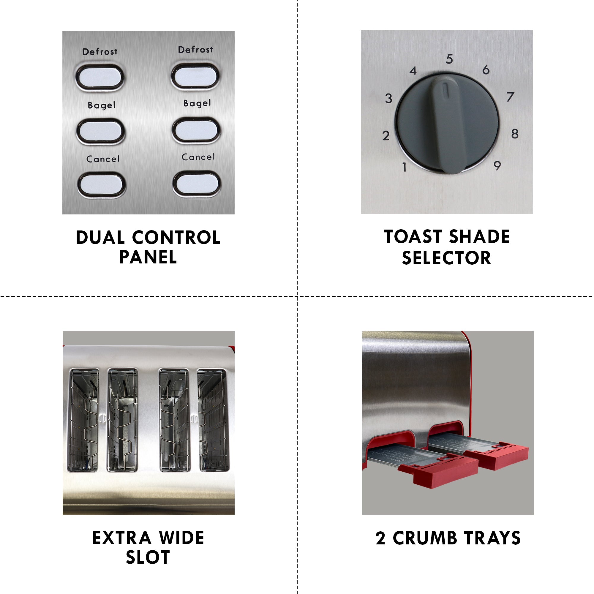 Four closeup images of parts and features, labeled: Dual control panel; toast shade selector; extra wide slots; 2 crumb trays