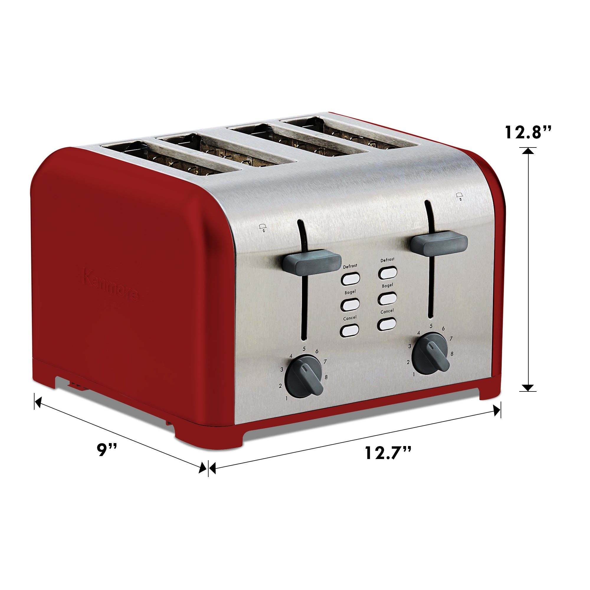 Product shot of Kenmore 4-slice red stainless steel toaster on a white background with dimensions labeled
