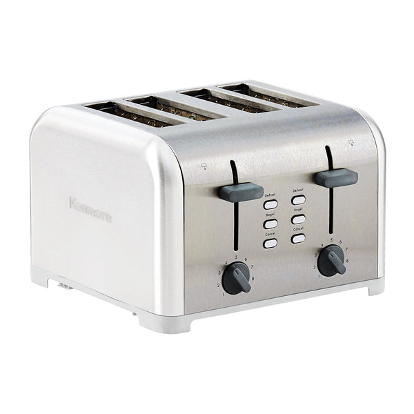 Product shot of Kenmore 4-slice white stainless steel toaster on a white background