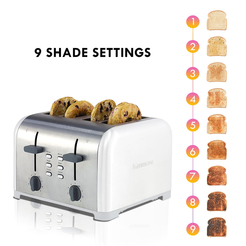 Product shot of Kenmore 4-slice white stainless steel toaster with four bagel halves inside on a white background on the left with toast slices numbered 1-9 arranged vertically from lightest to darkest. Text above reads, "9 shade settings"