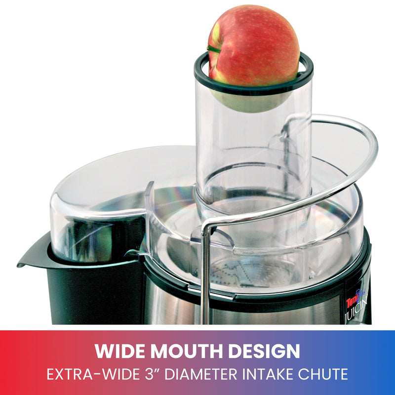 Product shot of top of juicer showing a small apple in the wide-mouth opening with text below reading "Wide mouth design: Extra-wide 3" (76 mm) diameter intake chute"