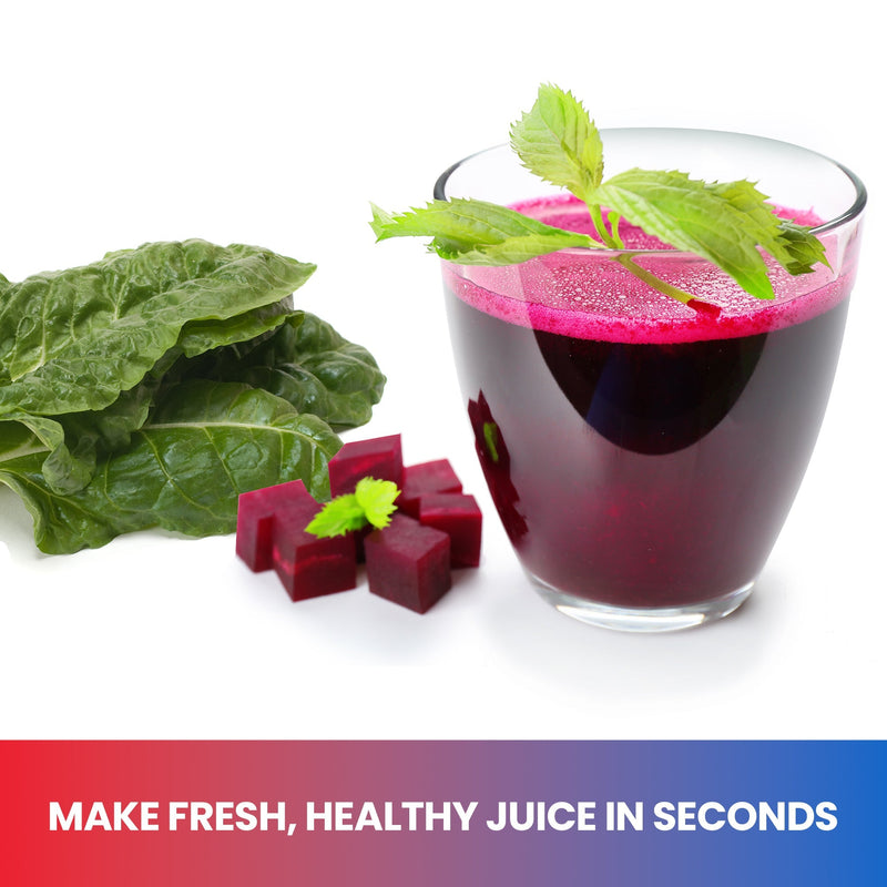 Photo of glass of purple juice beside cubes of red beets and spinach leaves. Text below reads "Make fresh, healthy juice in seconds"