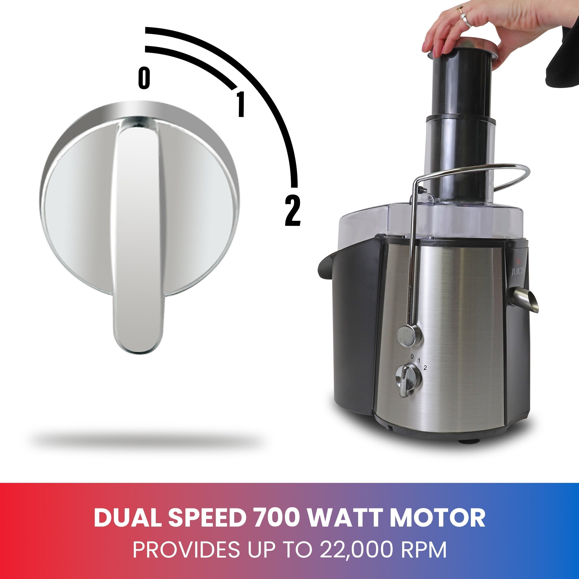 Product shot of juicer with hand pushing down plunger and closeup image of speed control dial. Text below reads "Dual speed 700 Watt motor provides up to 22,000 RPM"