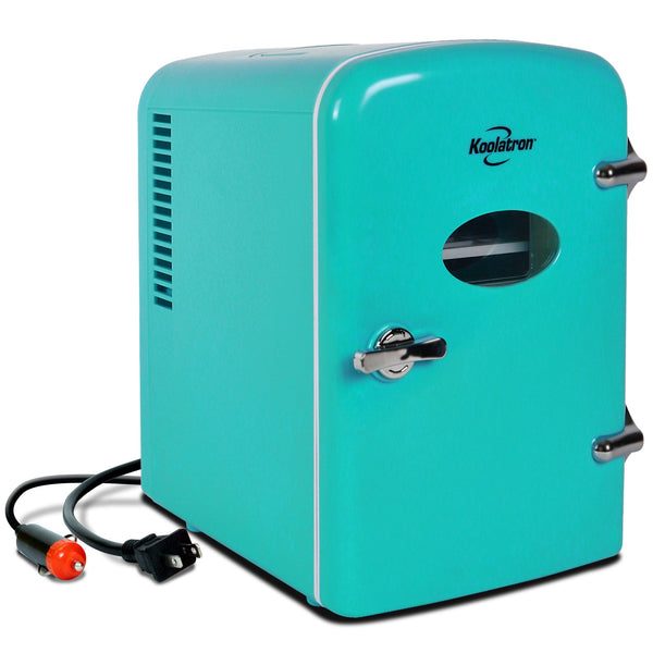 Product shot of Koolatron retro 4L mini fridge, closed, with AC and DC power cords visible, on a white background