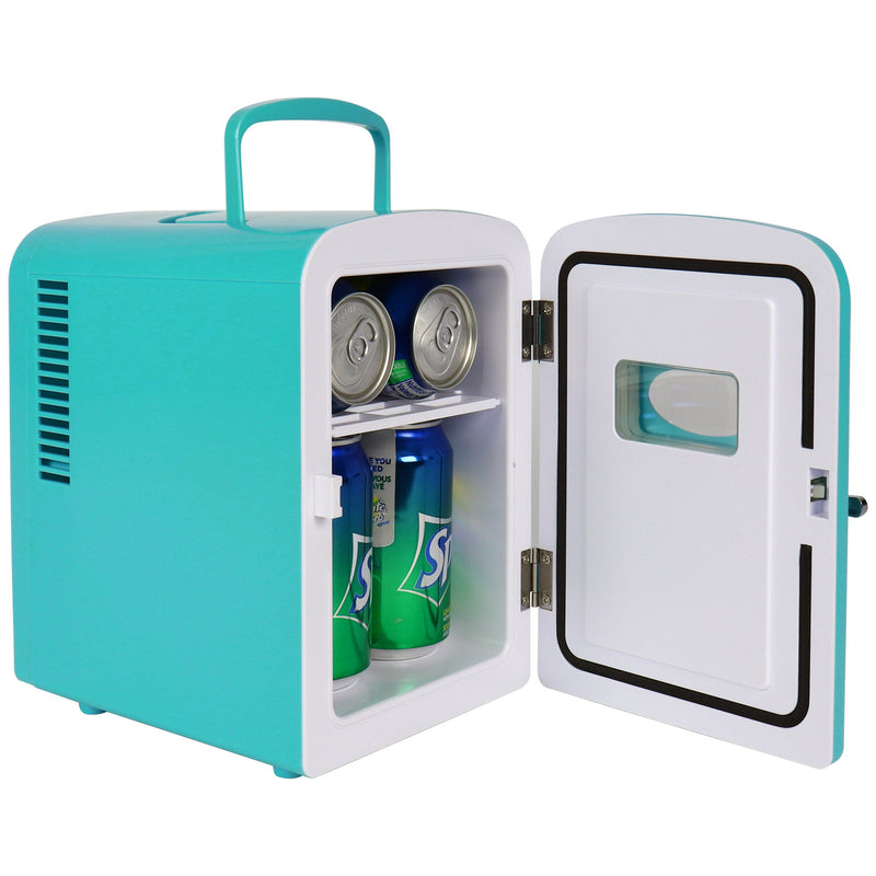Product shot of Koolatron retro 6 can mini fridge open with 6 cans of soda inside on a white background
