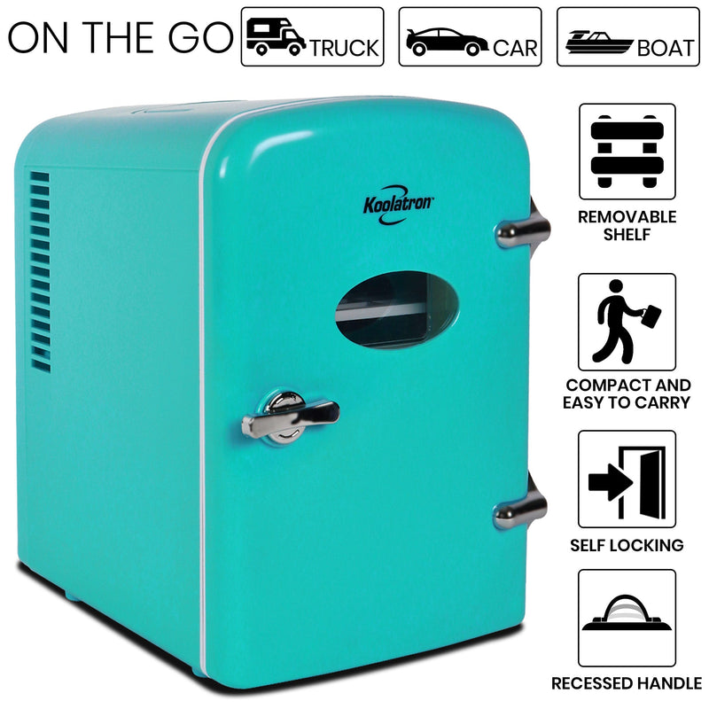 Product shot of Koolatron retro 6 can mini fridge on a white background. Text and icons above describe: On the go - truck car boat. Text and icons to the right describe: Removable shelf; compact and easy to carry; self-locking; recessed handle
