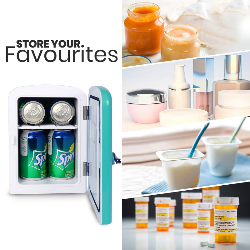On the left is a product shot of Koolatron retro 6 can portable cooler, partly open with cans of soda inside, and text above reading, "Store your favorites." On the right are four lifestyle images showing 1. Two open jars of baby food; 2. Several jars and bottles of cosmetics and skincare items; 3. Two single serving containers of yogurt with spoons in them; 4. Several orange prescription bottles with medications inside and white childproof lids