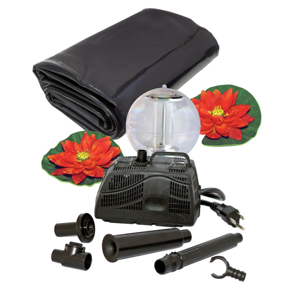 Product shot of items in 270 gal starter pond kit, including folded pond liner, floating solar lantern, two decorative orange water lilies, and 200 GPH pump, on a white background