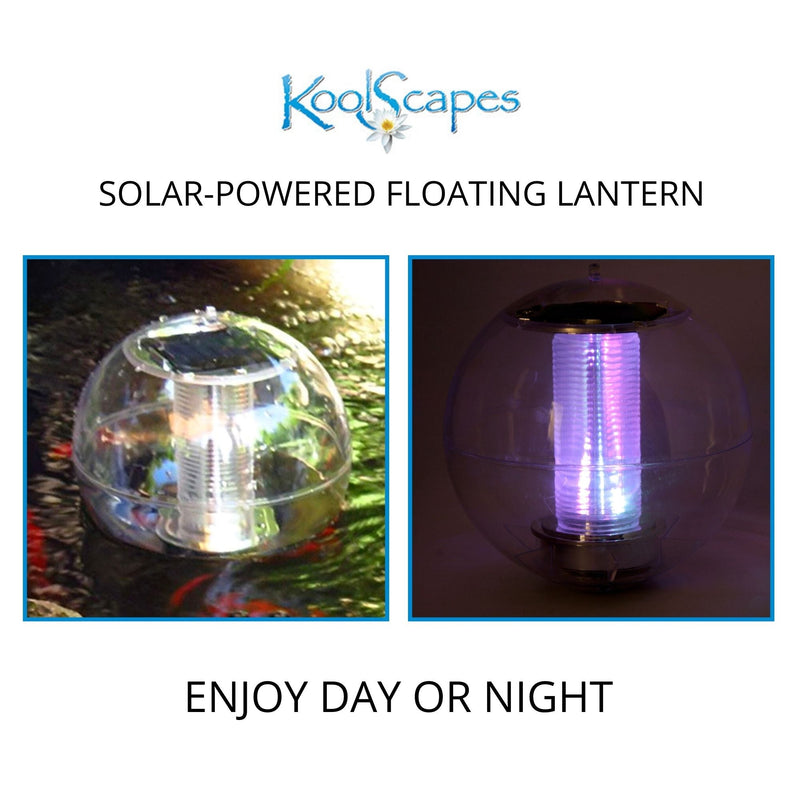 Two closeup images of the globe-shaped solar lantern: Left shows it in daytime floating in a pond with small orange fish swimming below; right shows it lit up in the dark. Text above and below reads, "Koolscapes solar-powered floating lantern - enjoy day or night"