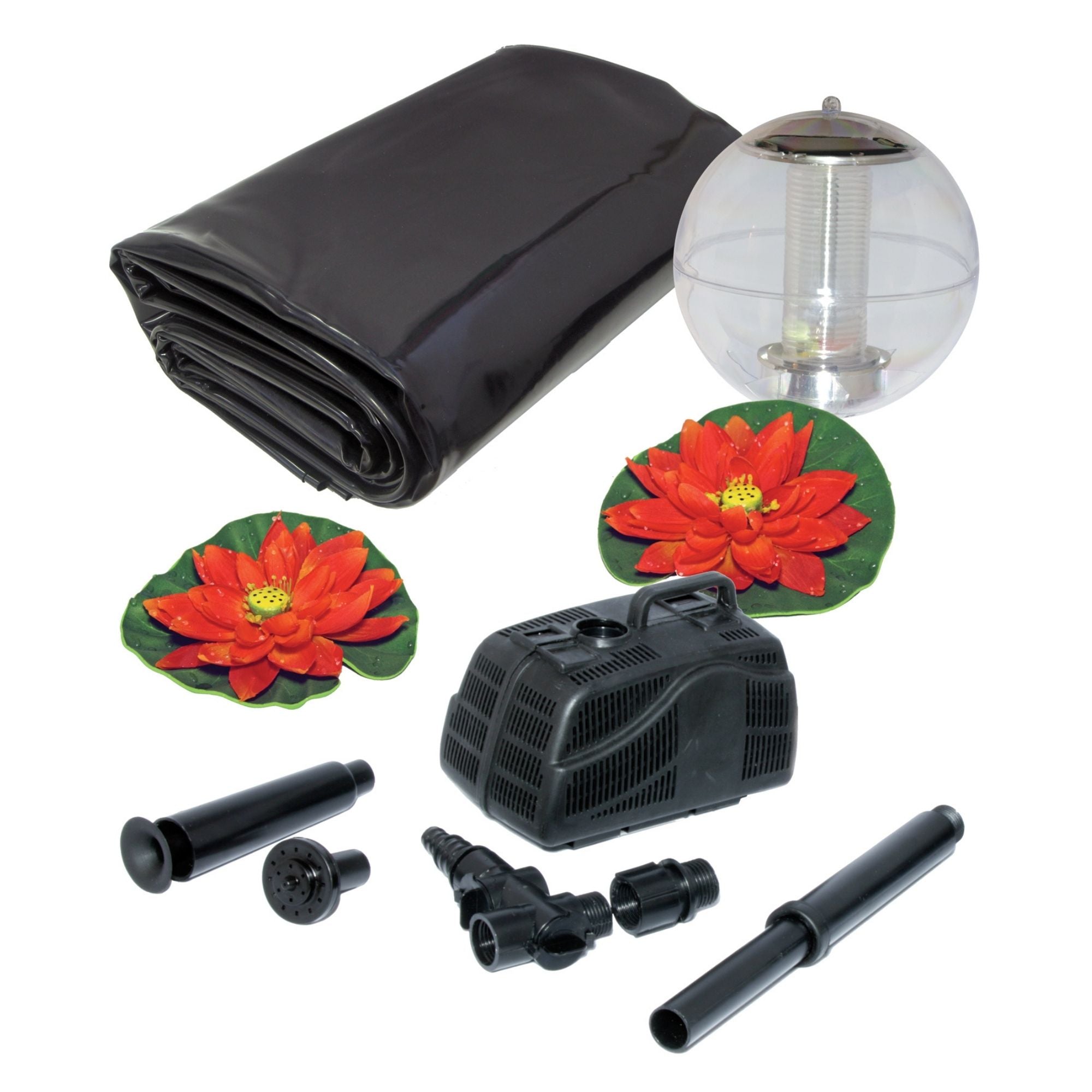 Product shot of items in 400 gal starter pond kit, including folded pond liner, floating solar lantern, two decorative orange water lilies, and 340 GPH pump, on a white background