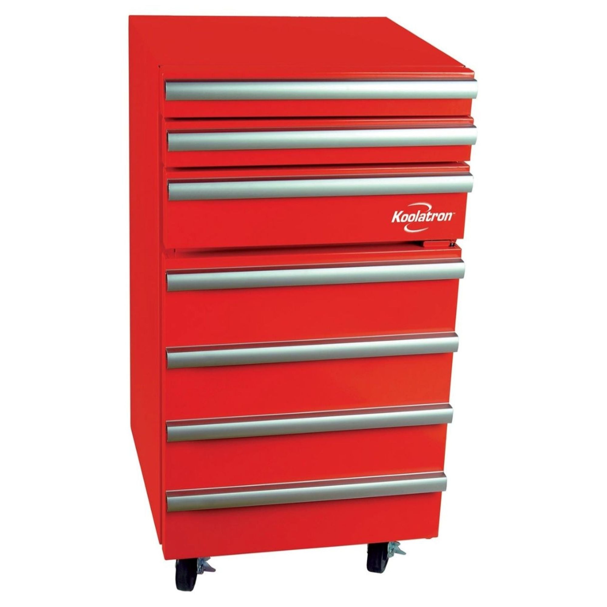 Product shot of Koolatron toolchest fridge on a white background