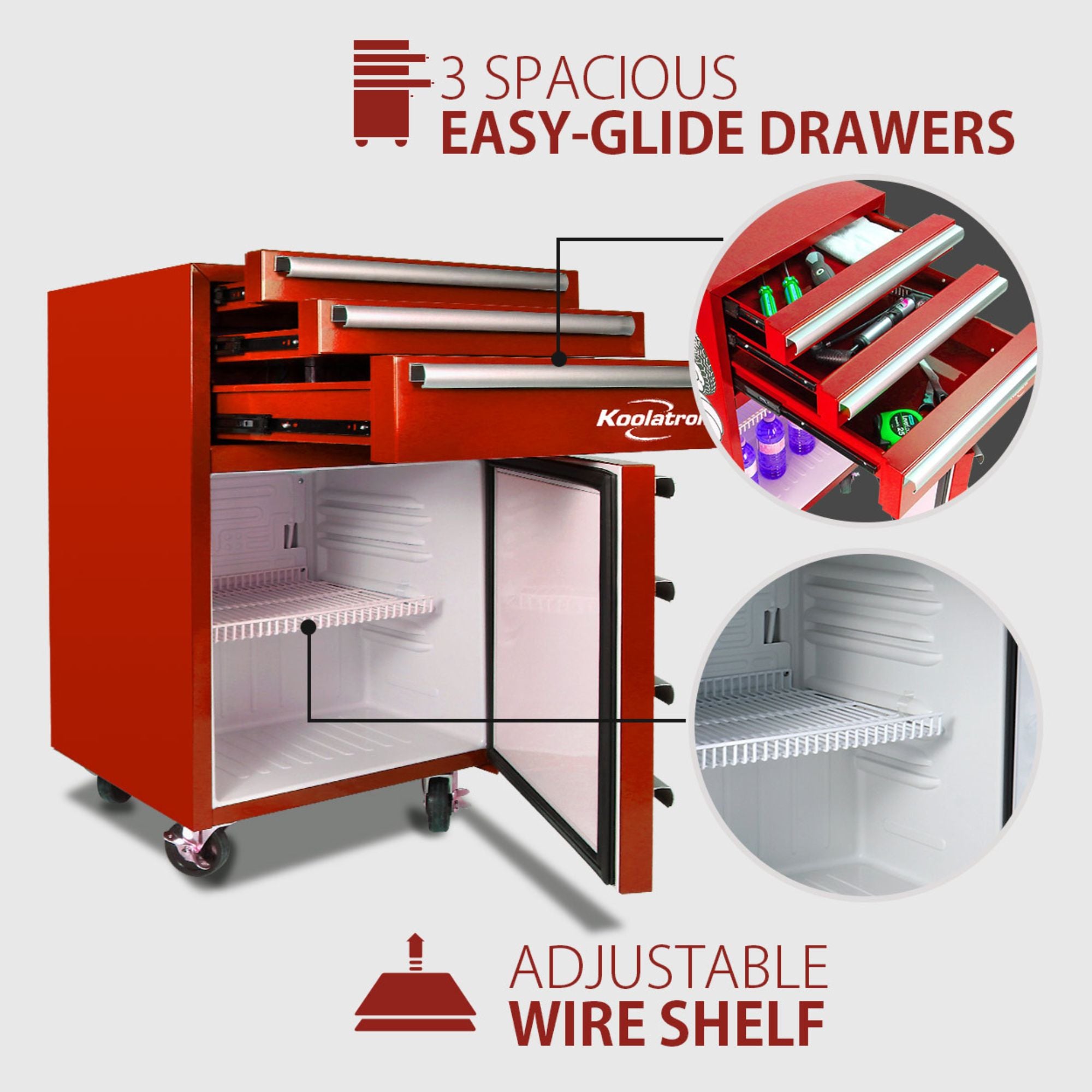 Koolatron Tool Chest Fridge | 1.8 cu ft Red | 3 Tool Drawers