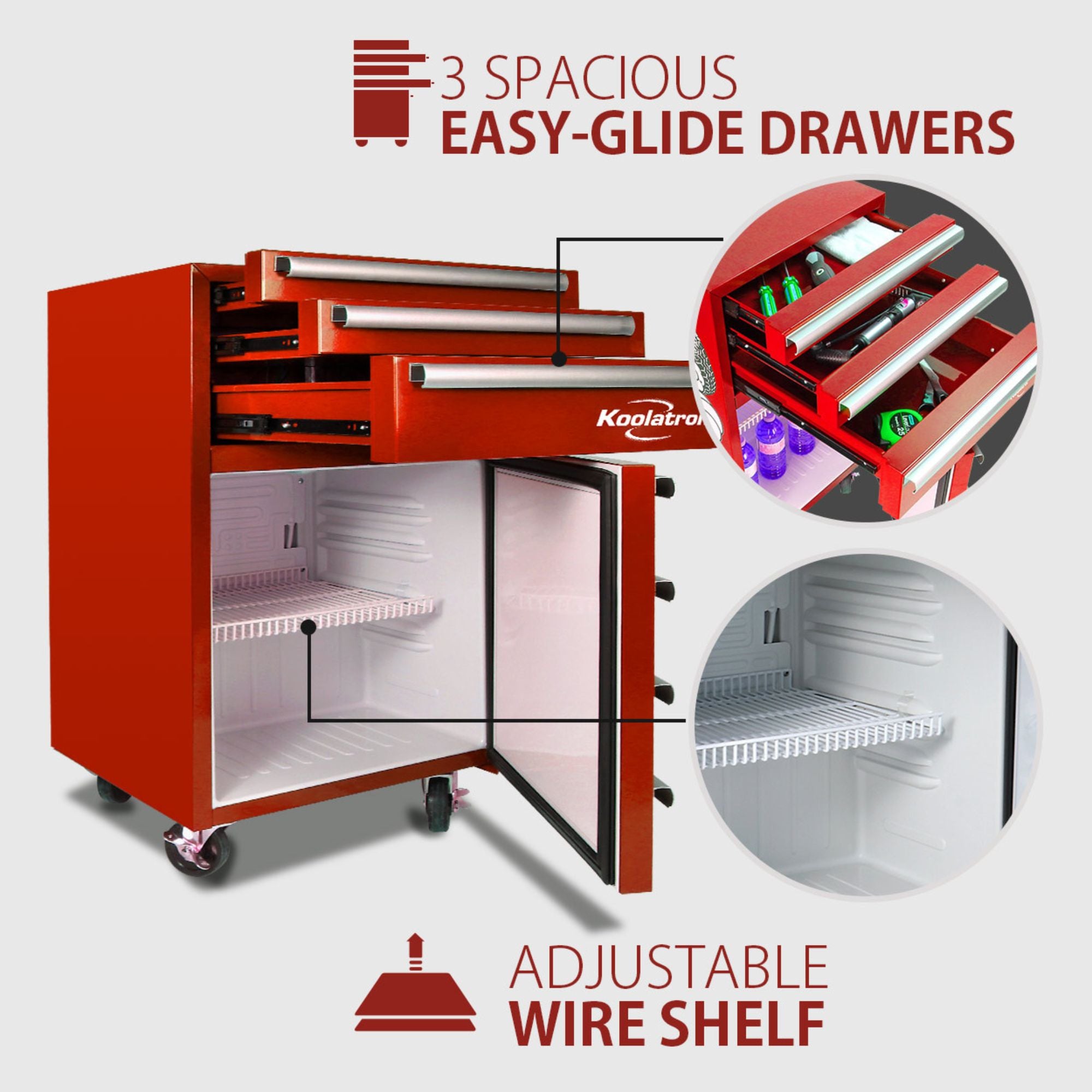 Product shot of Koolatron tool chest fridge with the tool drawers partly pulled out and fridge door open. Two inset closeups, labeled, show the 3 spacious easy-glide drawers and the adjustable wire shelf