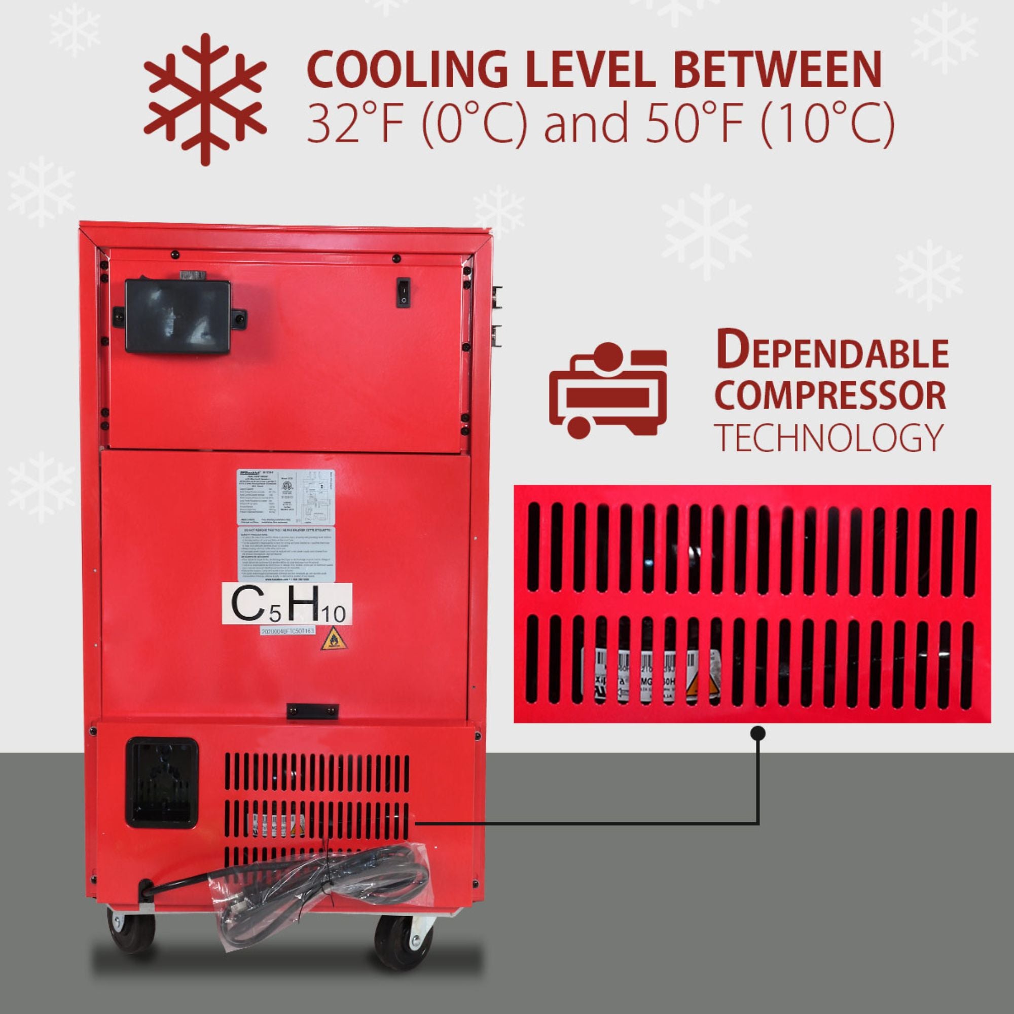 Product shot of the back of the Koolatron compact fridge with tool drawers with text above reading, "Cooling level between 32F (0C) and 50F (10C). There is an inset closeup of the vent openings with text above reading, "Dependable compressor technology"