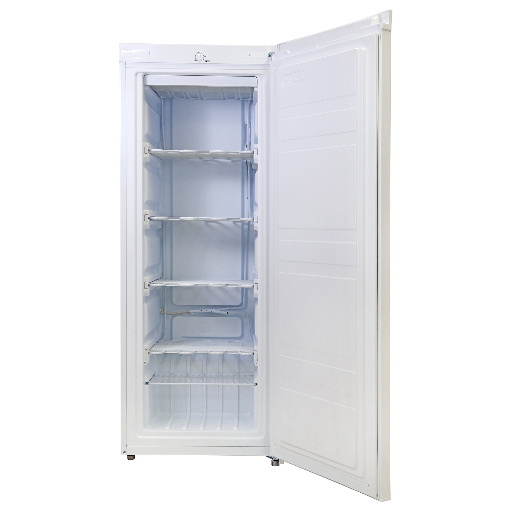 Product shot of white upright freezer open on a white background