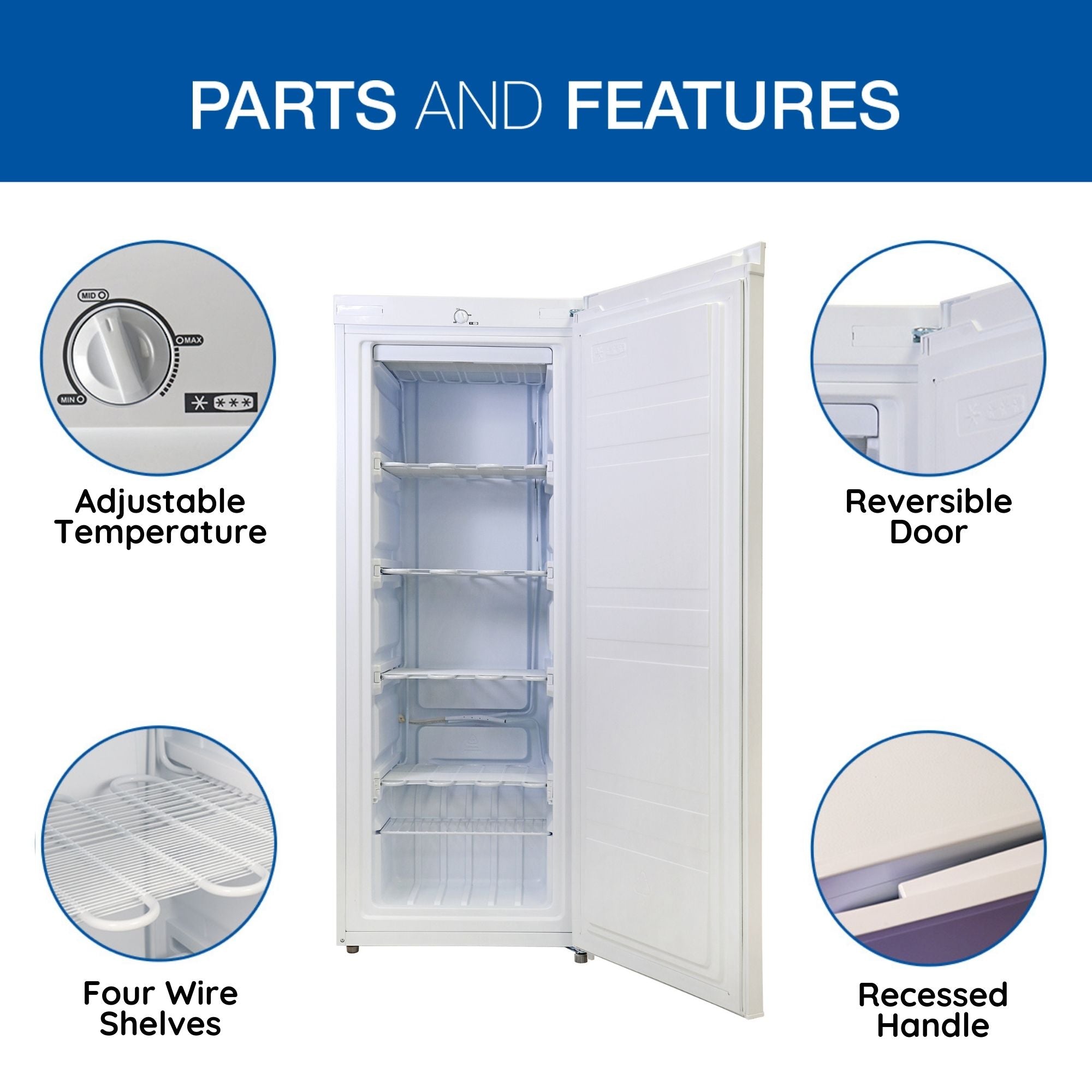 Product shot of open upright freezer surrounded by inset closeup images of parts, labeled: Adjustable temperature; Reversible door; Recessed handle; Four wire shelves