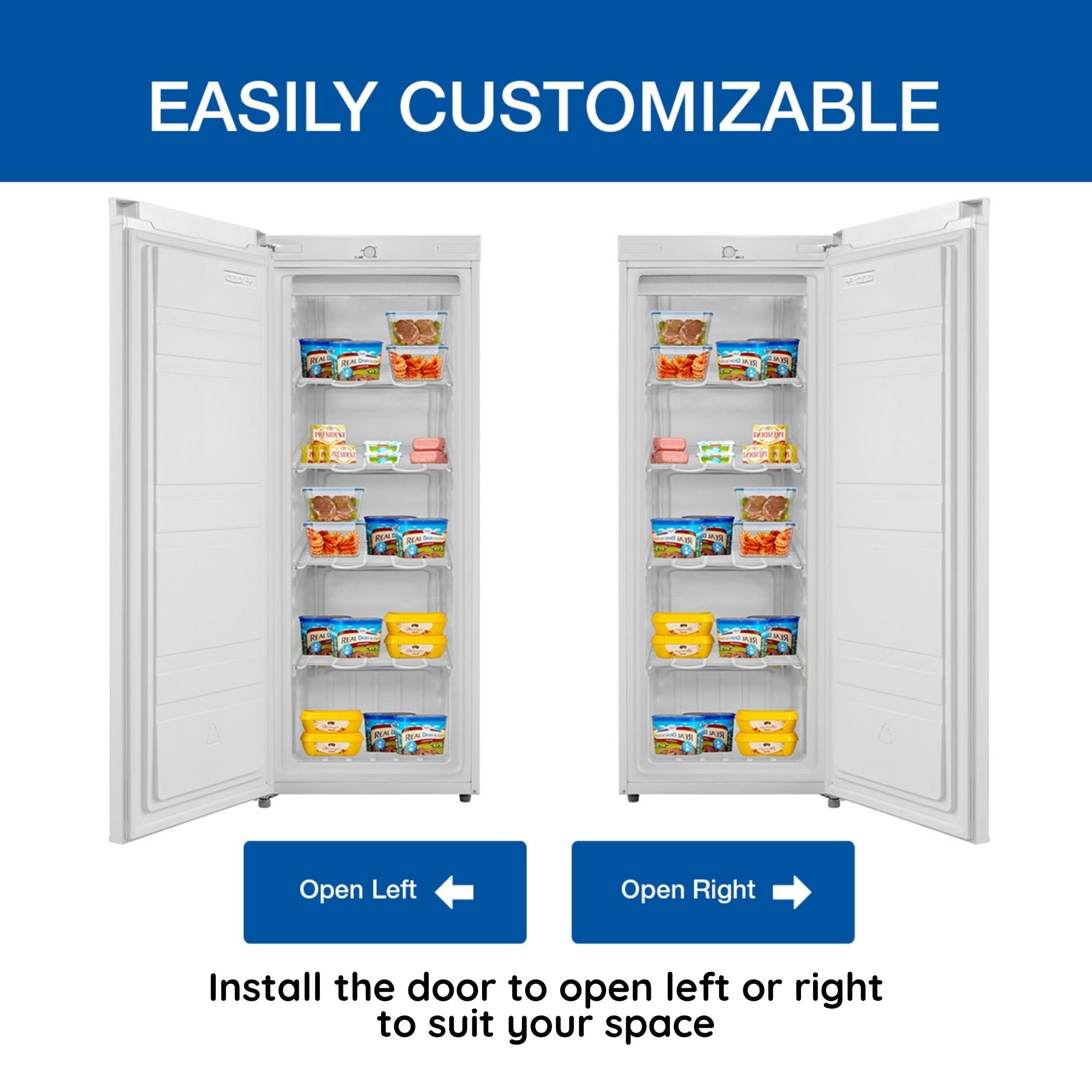 Two side-by-side product shots of upright freezer, open and filled with food, showing door installed left- and right-opening. Text above reads, "Easily customizable," and text below reads, "Install the door to open left or right to suit your space"