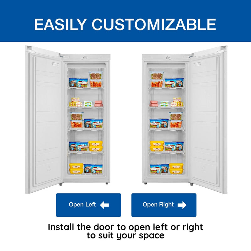 Two side-by-side product shots of upright freezer, open and filled with food, showing door installed left- and right-opening. Text above reads, "Easily customizable," and text below reads, "Install the door to open left or right to suit your space"