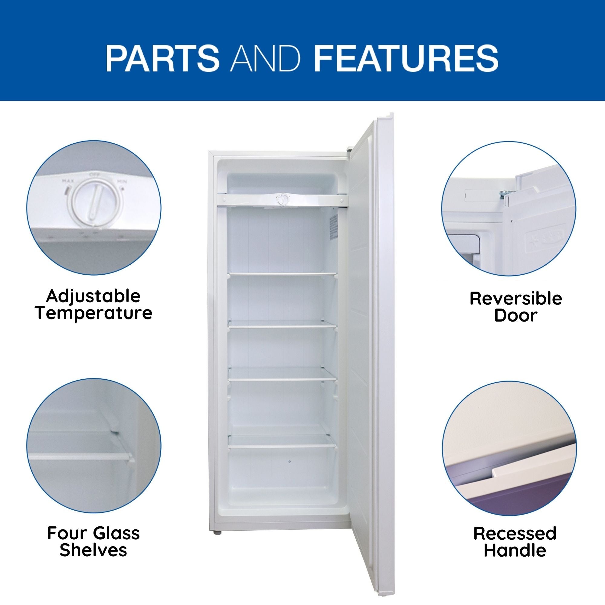 Product shot of open upright freezer surrounded by inset closeup images of parts, labeled: Adjustable temperature; Reversible door; Recessed handle; Four glass shelves