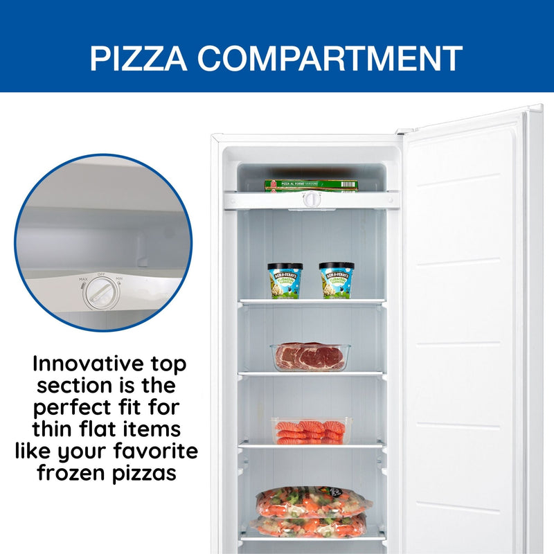 Product shot of upright freezer, open and filled with food, with an inset closeup of the top shelf. Text above reads, "Pizza compartment," and text below the inset image reads, "Innovative top section is the perfect fit for thin flat items like your favorite frozen pizzas"