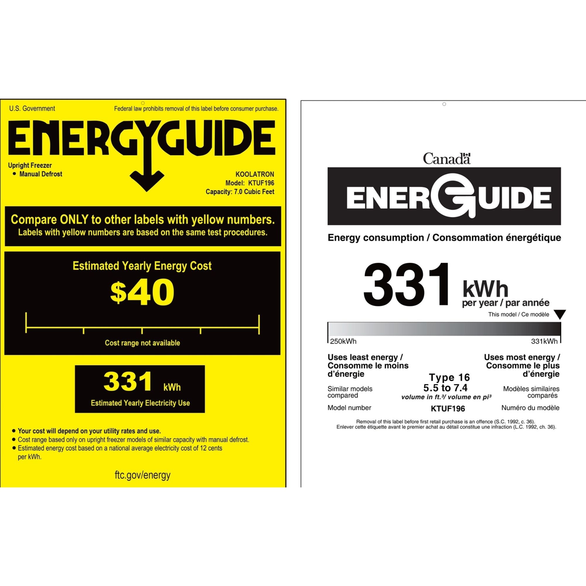 US and Canada Energy Guide certificates for KTUF196 7.0 cu ft upright freezer showing estimated yearly energy cost of $40 and estimated yearly energy consumption of 331 kWh