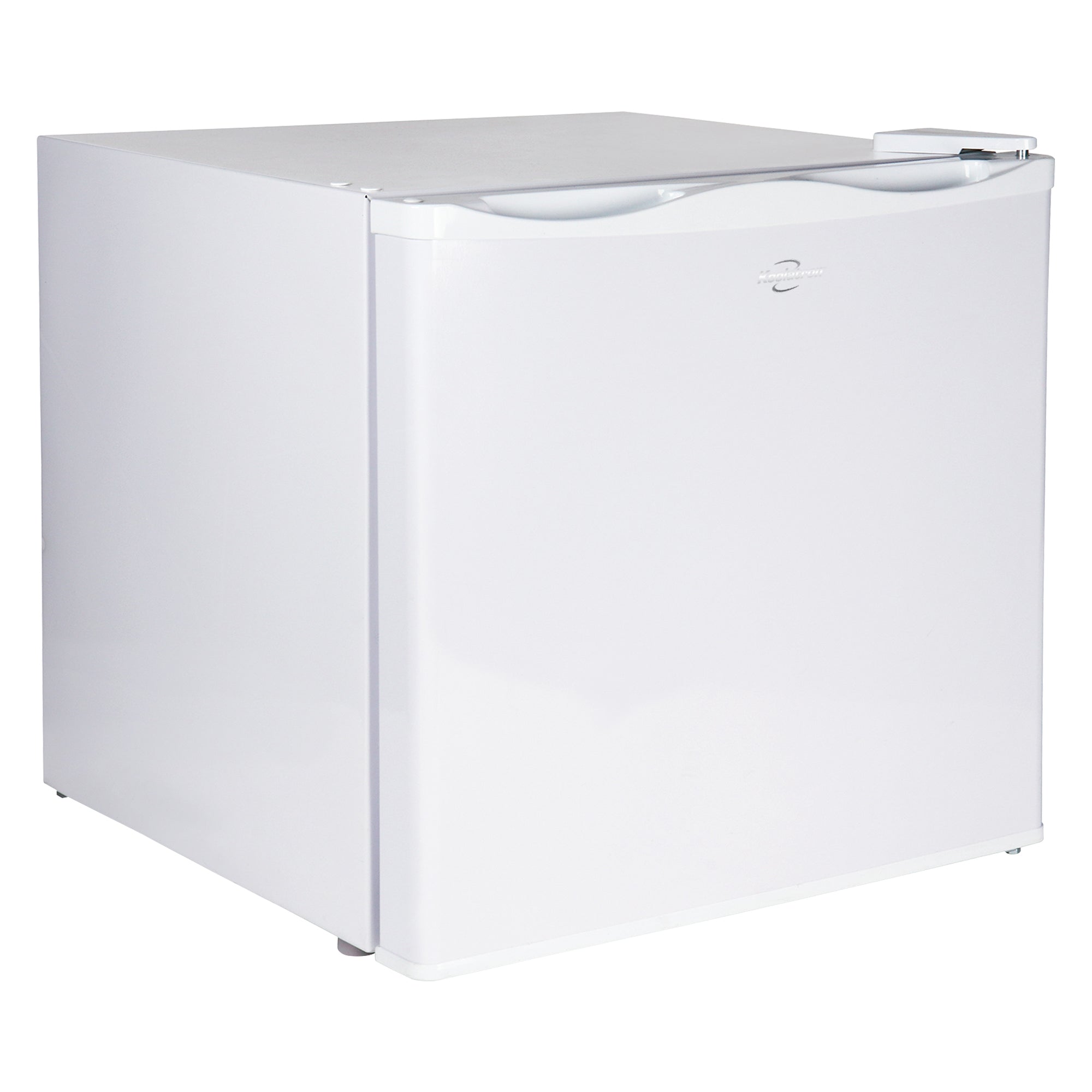 Product shot of white mini freezer closed on a white background