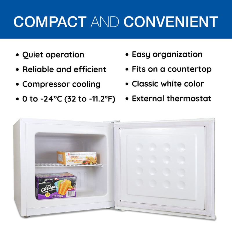Product shot of mini freezer, open and filled with food, on a white background. Text above reads, "Compact and convenient," followed by a list of bullet points: Quiet operation; Reliable and efficient; Compressor cooling; 0 to -24C (32 to -11.2F); Easy organization; Fits on a countertop; Classic white color; External thermostat