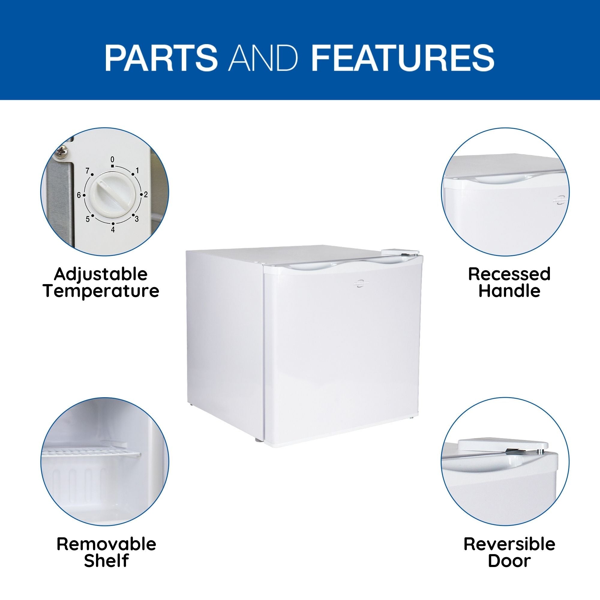 Product shot of closed mini freezer surrounded by inset closeup images of parts, labeled: Adjustable temperature; Recessed handle; Reversible door; Removable shelf