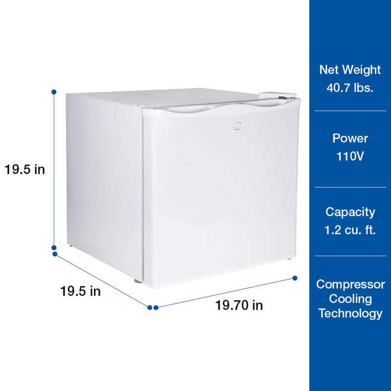 Product shot of white mini freezer with dimensions labeled on the left. Text to the right reads, "Net weight 40.7 lbs; Power 110V; Capacity 1.2 cu ft; Compressor cooling technology"