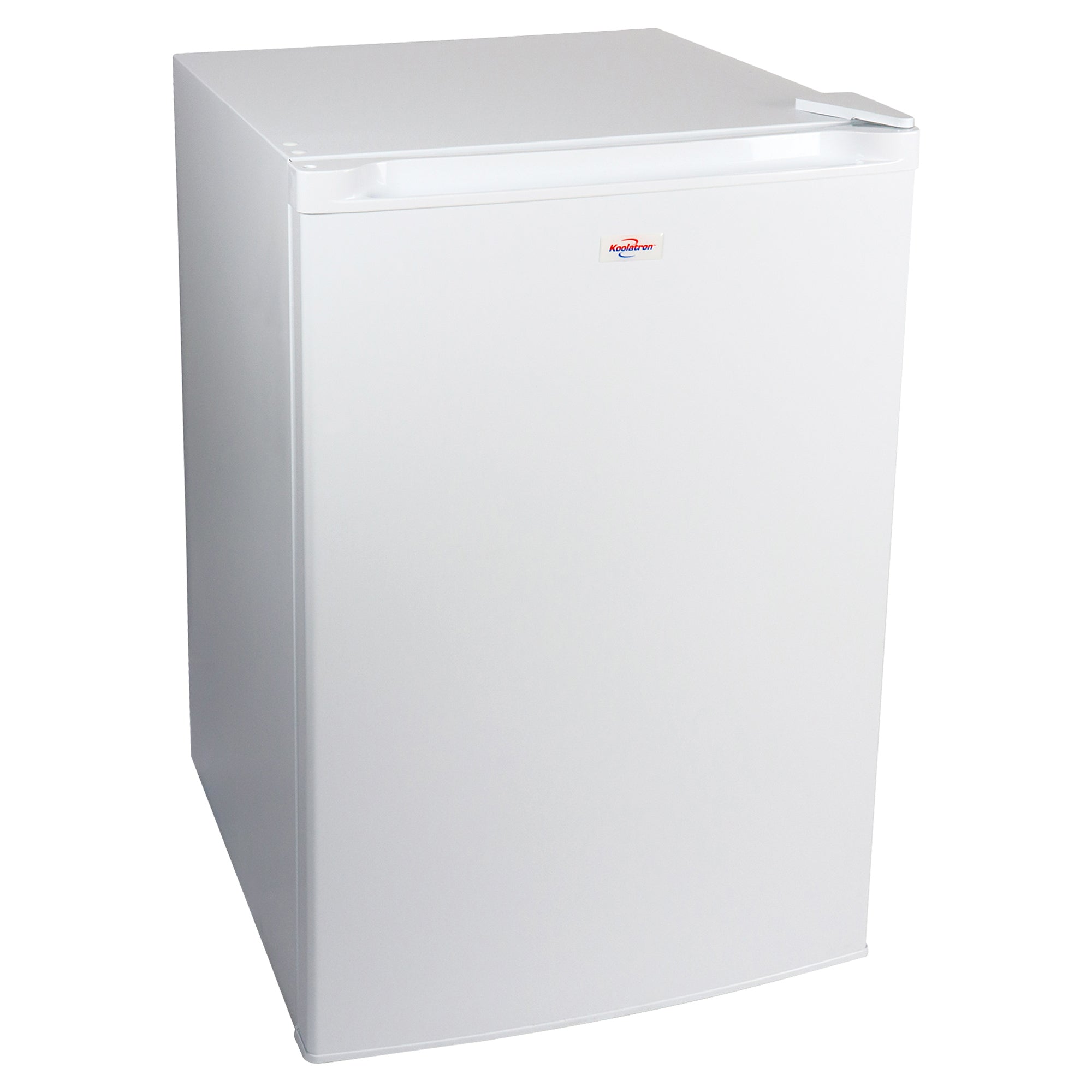 Product shot of white upright freezer open on a white background