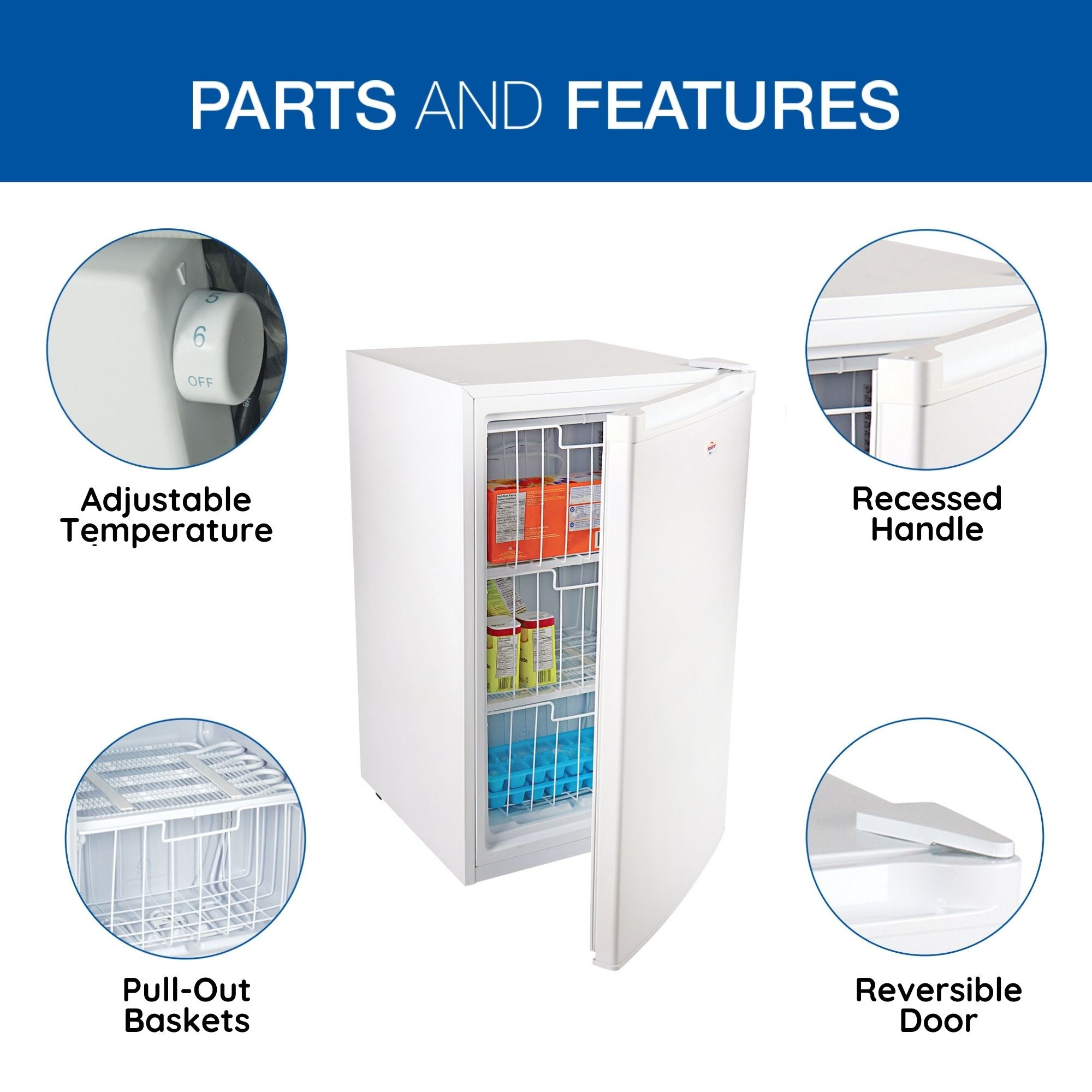 Product shot of open upright freezer surrounded by inset closeup images of parts, labeled: Adjustable temperature; Recessed handle; Reversible door; Pull-out baskets