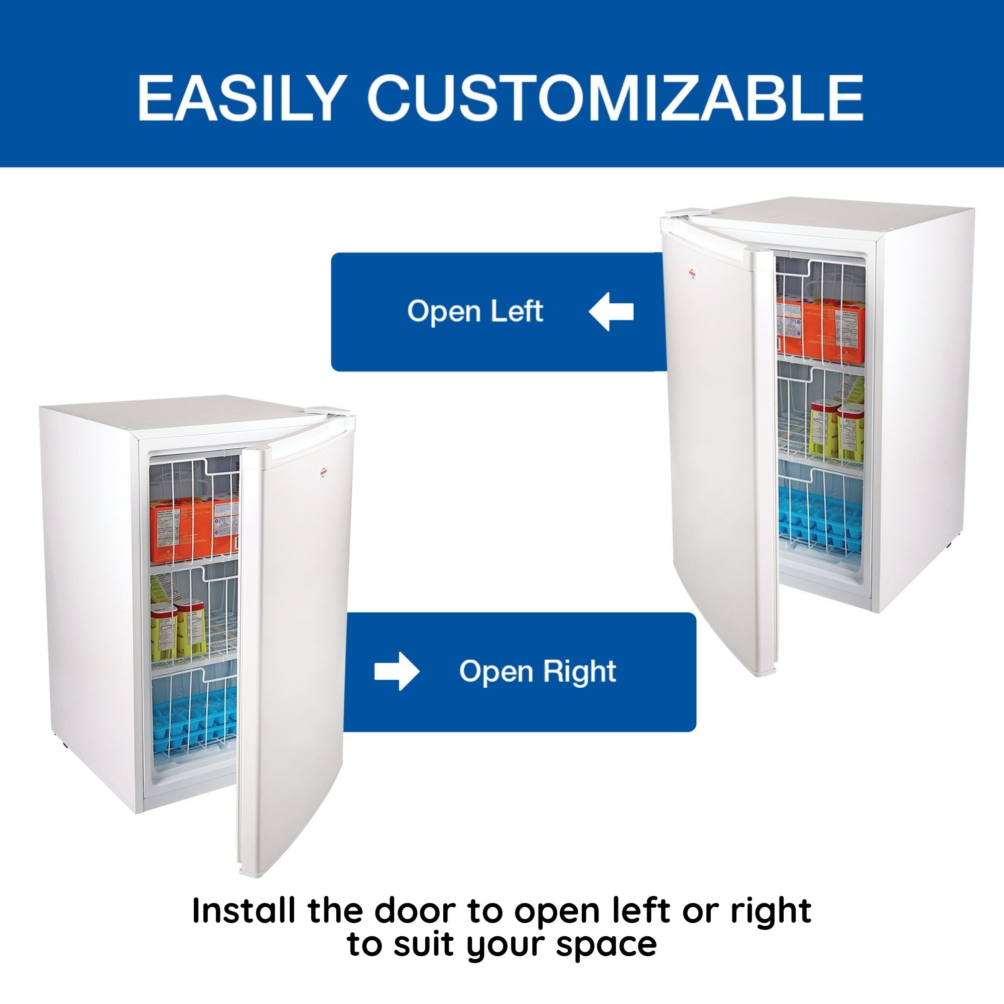 Two side-by-side product shots of upright freezer, open and filled with food, showing door installed left- and right-opening. Text above reads, "Easily customizable," and text below reads, "Install the door to open left or right to suit your space"