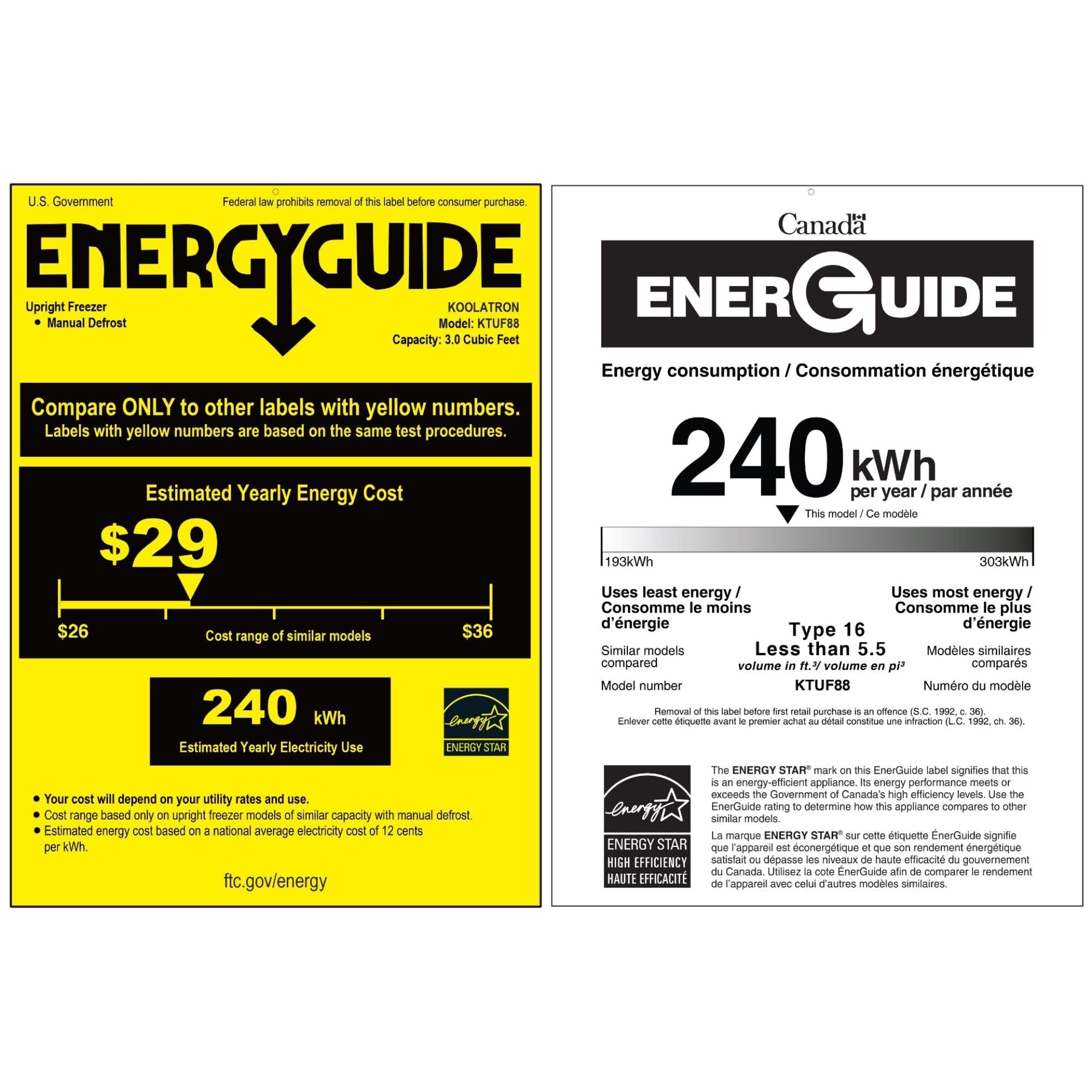 US and Canada Energy Guide certificates for KTUF88 3.1 cu ft upright freezer showing estimated yearly energy cost of $29 and estimated yearly energy consumption of 240 kWh
