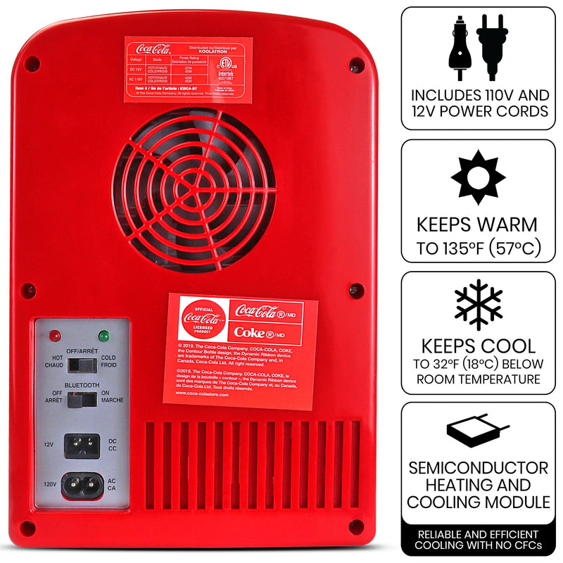 Product shot of the back of Coca-Cola cooler/speaker on a white background with power/hot/cold switch and plug sockets visible. Text and icons to the right describe: Includes 110V and 12V power cords; Keeps warm to 135F (57C); Keeps cool to 32F (18C) below room temperature; semiconductor heating and cooling module - reliable and efficient cooling with no CFCs