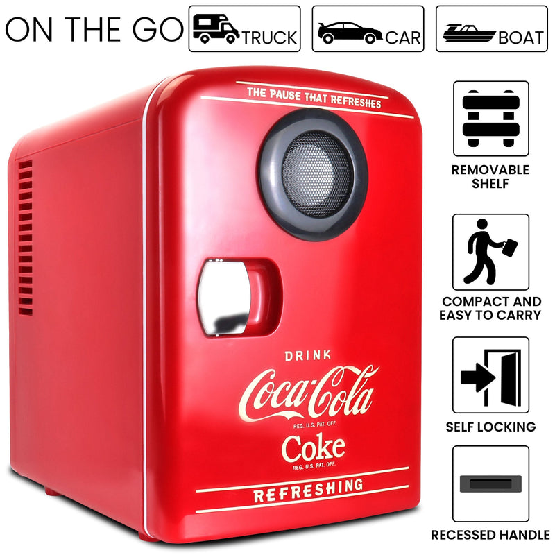 Product shot of Coca-Cola 6 can mini fridge/speaker on a white background. Text and icons above describe: On the go - truck car boat. Text and icons to the right describe: Removable shelf; compact and easy to carry; self-locking; recessed handle