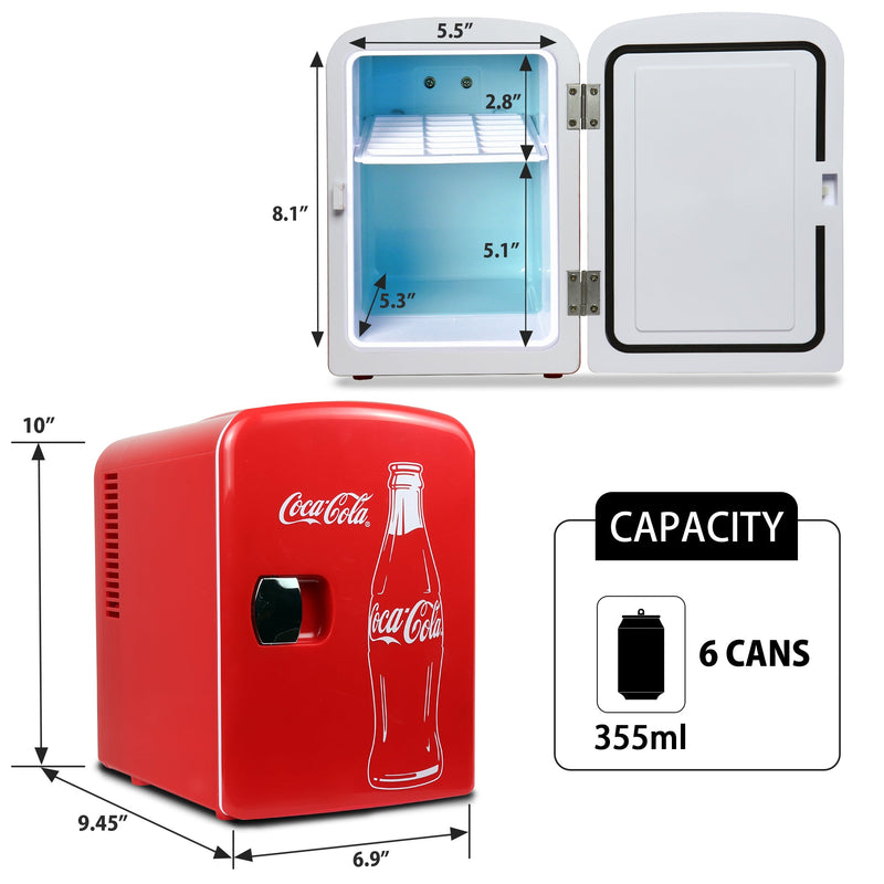 Two product shots of Classic Bottle Coke 4L mini fridge, open and closed, on a white background, with interior and exterior dimensions labeled. Inset text and icons describes: Capacity - 6 cans 355 mL