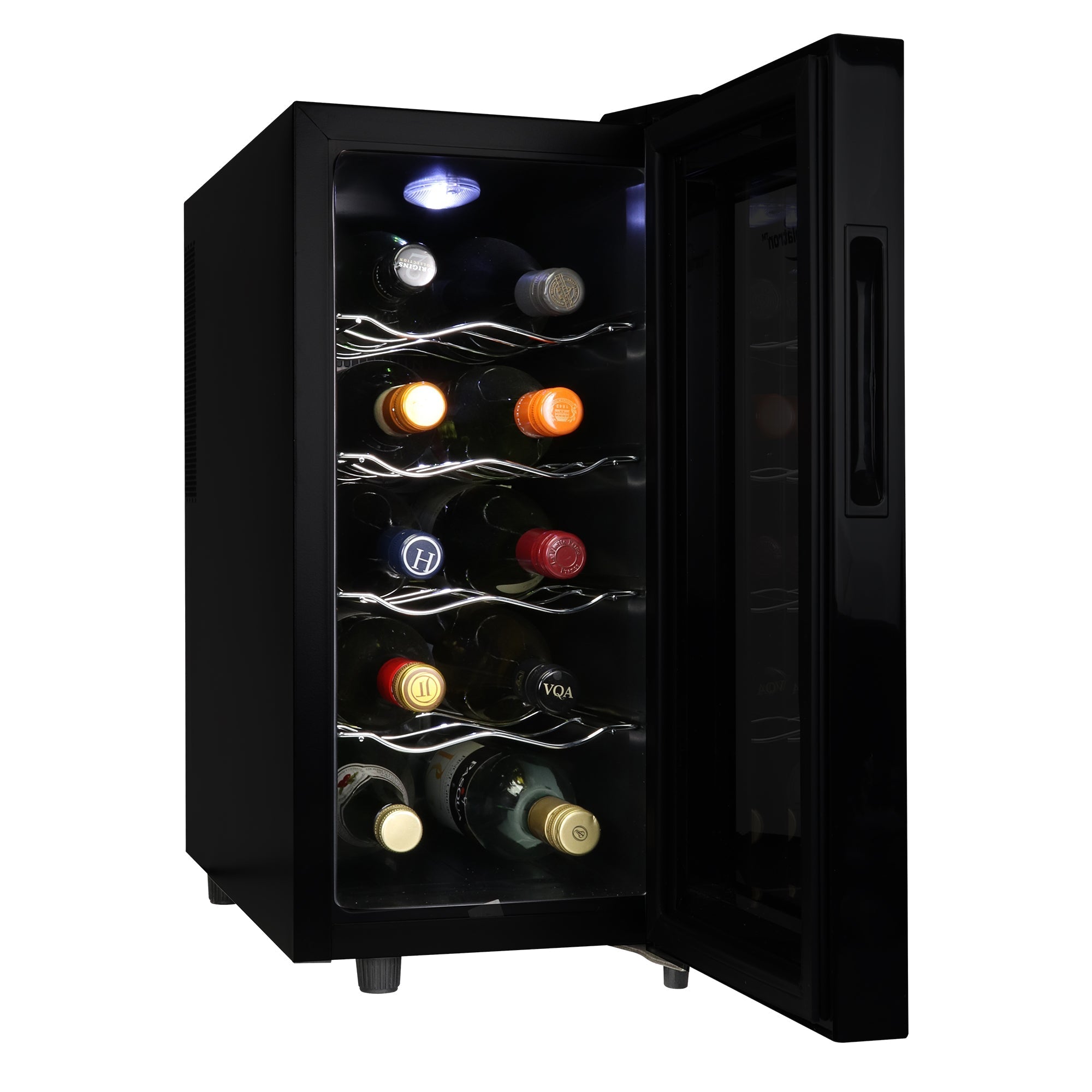 Koolatron 10 bottle wine cooler, open with bottles of wine inside, on a white background