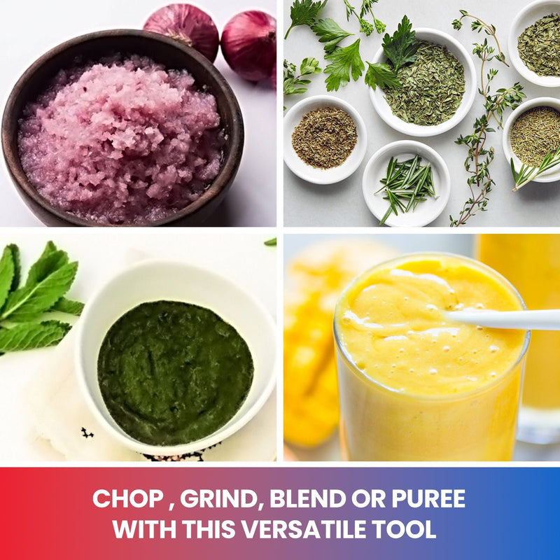 Four lifestyle images of foods (minced red onion, ground dried herbs, yellow-orange smoothie, and dark green pesto). Text below reads "Chop, grind, blend, or puree with this versatile tool"
