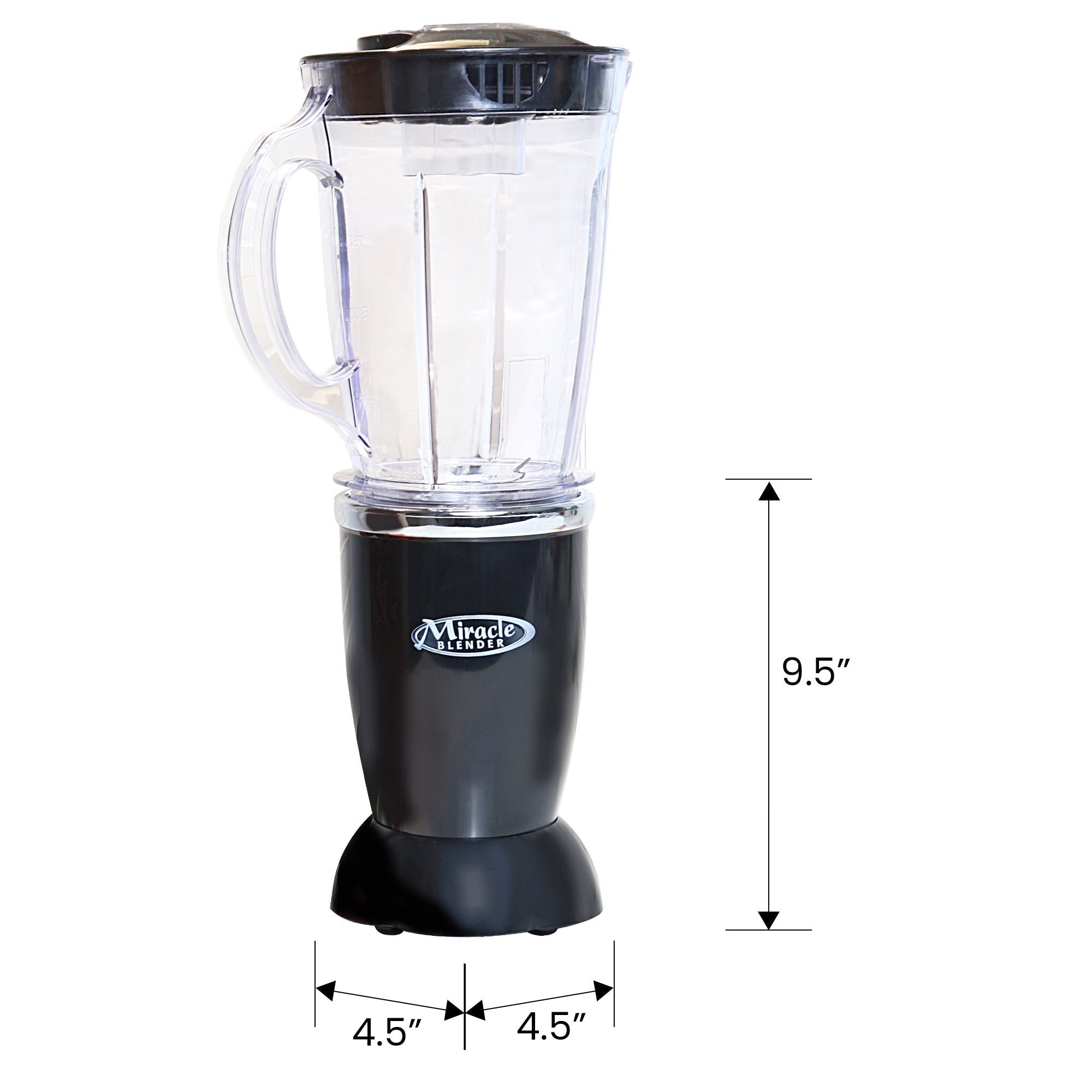 Product shot of blender on white background with dimensions