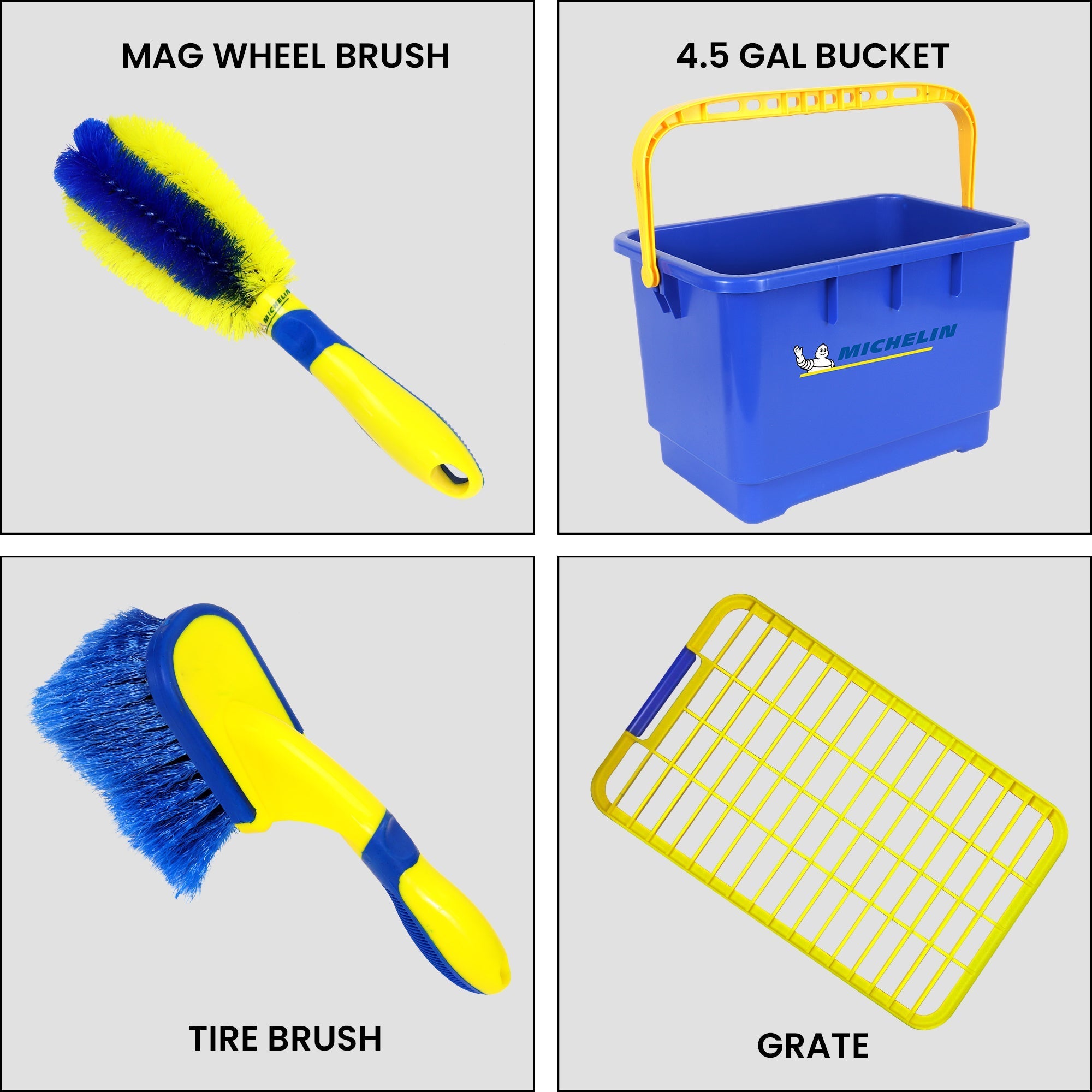 Grid of four product shots of components of ultimate car wash kit on light gray backgrounds, labeled: Mag wheel brush; 4.5 gal bucket; grate; tire brush