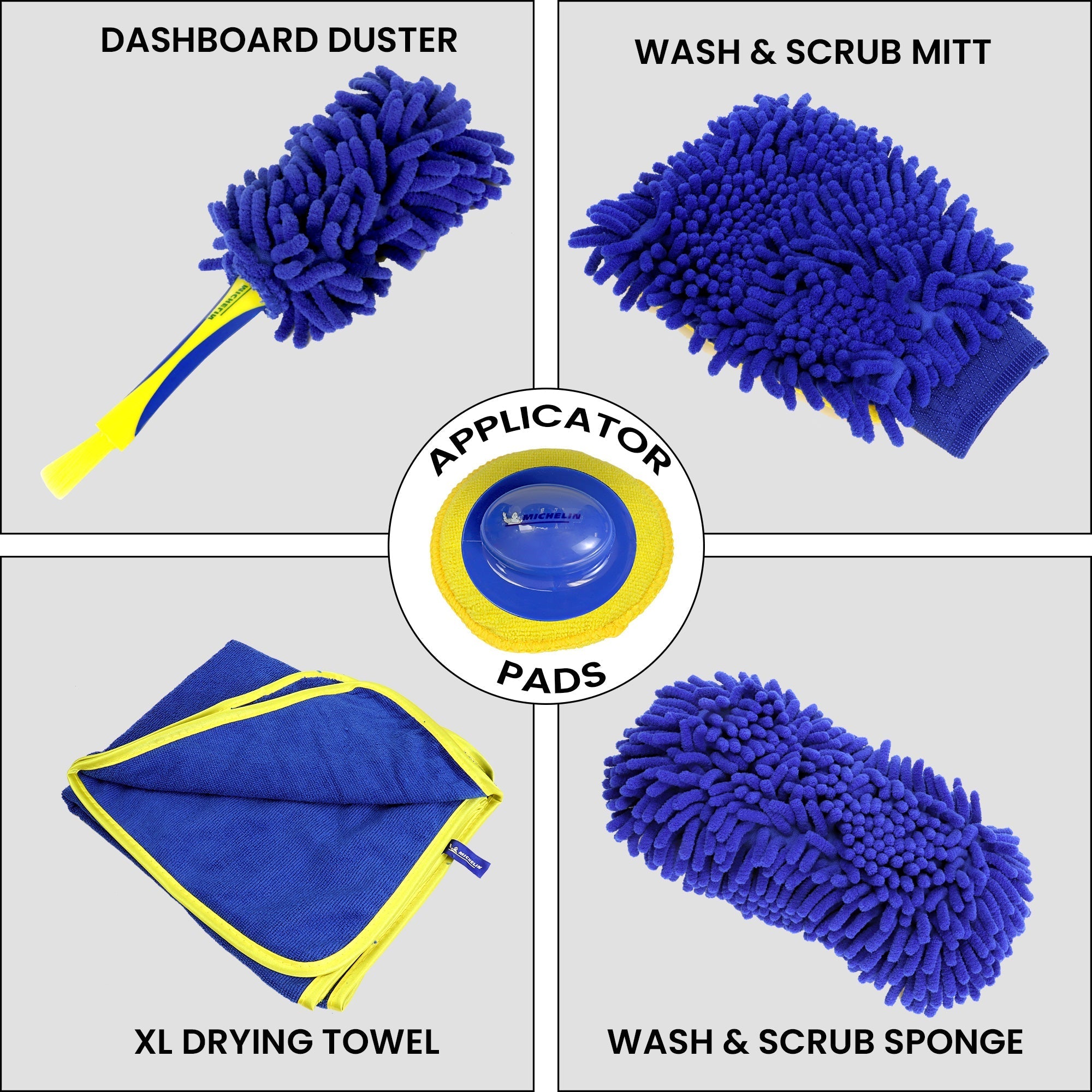Product shot of one microfiber applicator pad with detachable handle in the center surrounded by a grid of four product shots of components of ultimate car wash kit on light gray backgrounds, labeled: Dashboard duster; wash and scrub mitt; wash and scrub sponge; XL drying towel