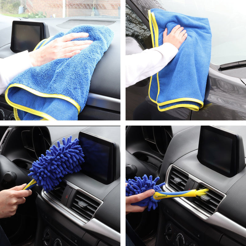 Grid of four lifestyle images of ultimate car wash kit being used to clean a dark gray car: First shows the XL drying towel being used to wipe the black dashboard; second shows the XL drying towel being used to wipe the exterior; third shows the microfiber end of the two-way duster being used to dust the dashboard; fourth shows the detailing brush end being used to dust the air vent