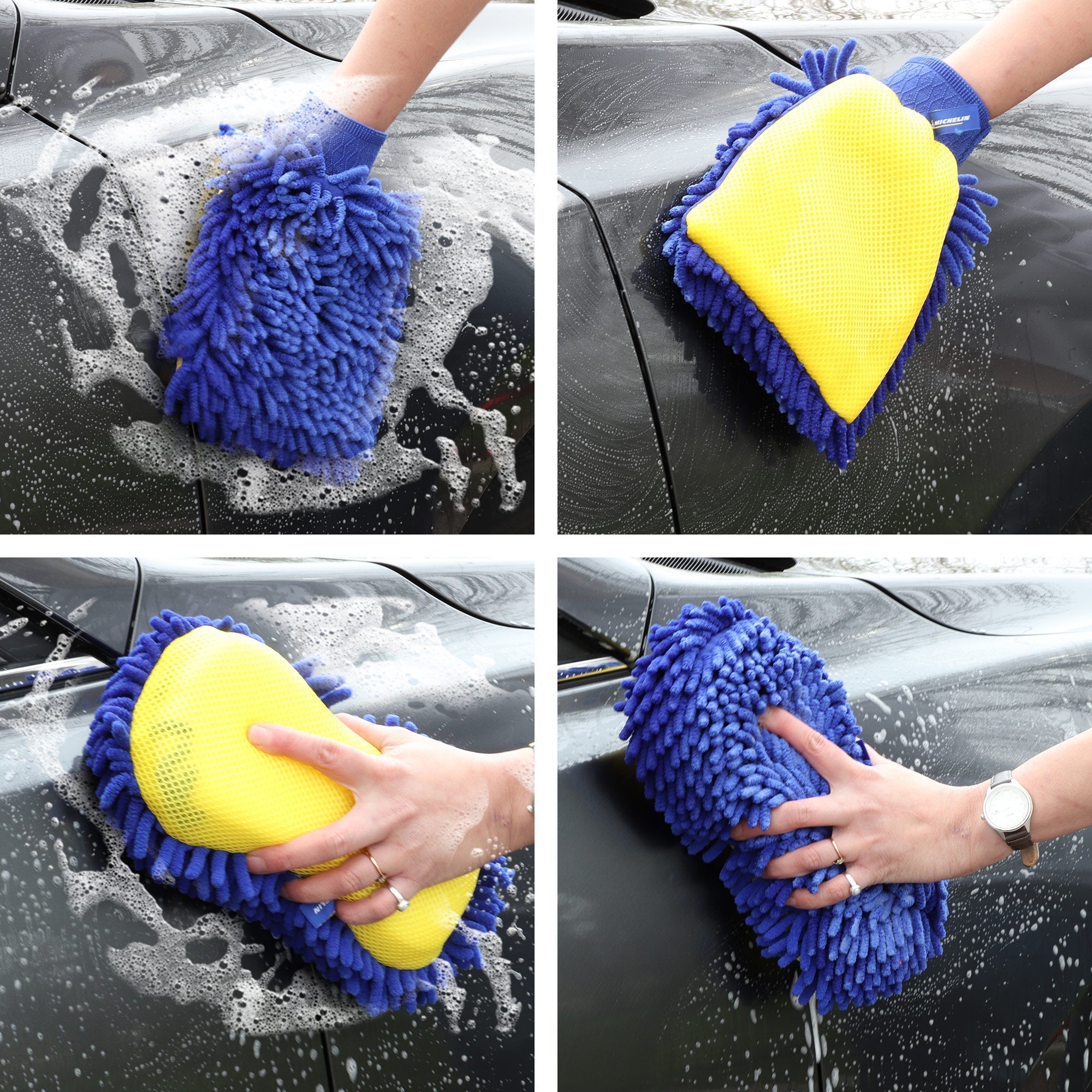 Grid of four lifestyle images of ultimate car wash kit being used to wash a dark gray car: First shows the wash and scrub mitt being used to wash the car with the scrubbing side down; second shows the mitt being used to wash the car with the chenille side down; third shows the wash and scrub sponge being used to wash the car with the chenille side down; fourth shows the sponge being used to wash the car with the scrubbing side down